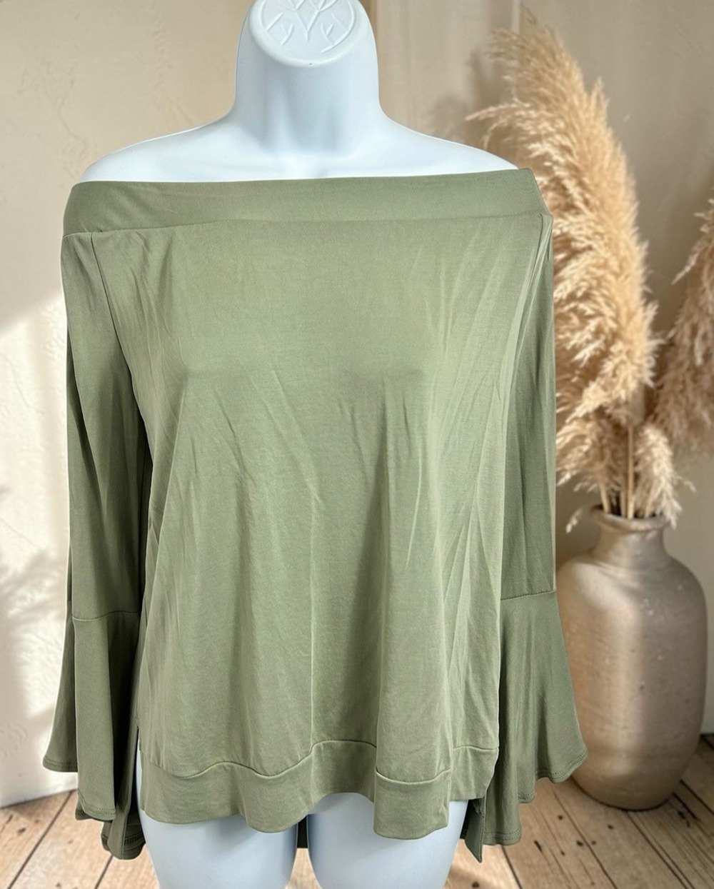 First Love Blouse Sz M Off The Shoulder Top Trumpet Sleeves Sage Green New